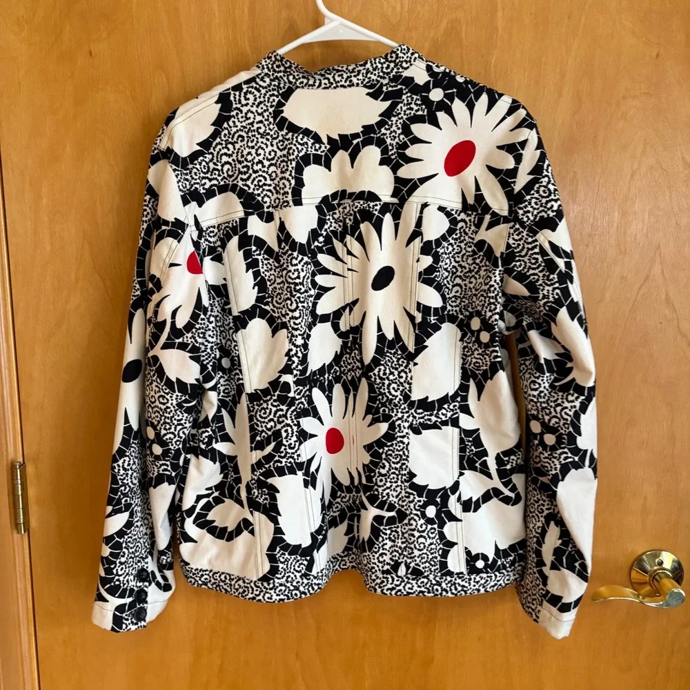 Chico's Jacket Black White Floral Red Trim Mandarin Collar Women's‎ Size 2